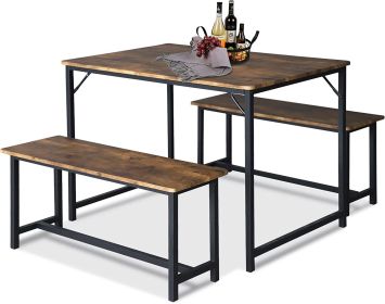 3 Piece Kitchen Table Set with 2 Benches;  Wood Dining Table Set for 4-Person Space-Saving Dinette for Kitchen;  Rustic Brown